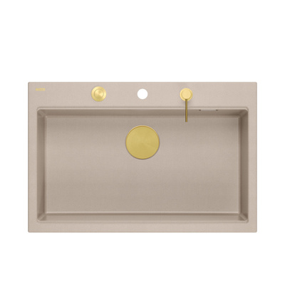 Zlewozmywak granitowy MARC 110 WORKSTATION – jednokomorowy, wpuszczany, pearl beige/elementy złote + AKCESORIA, Quadron
