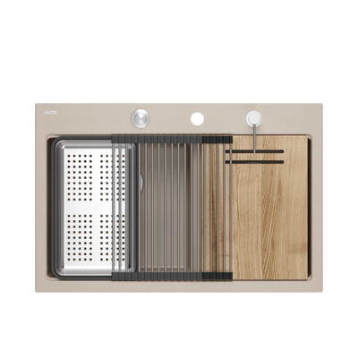 Zlewozmywak granitowy MARC 120 WORKSTATION – dwukomorowy, wpuszczany, pearl beige/elementy stalowe + AKCESORIA, Quadron