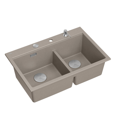 Zlewozmywak granitowy MARC 120 WORKSTATION – dwukomorowy, wpuszczany, soft taupe/elementy stalowe + AKCESORIA, Quadron