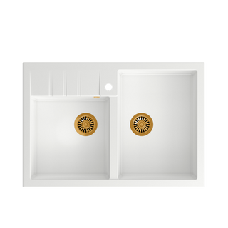 Quadron | BILL 120 | granitowy zlewozmywak kuchenny BIAŁY + MIEDŹ PVD | wymiary: 90 x 62 x 20,5 cm | 2-komorowy nakładany na szafkę | podbudowa szafki: od 90 cm