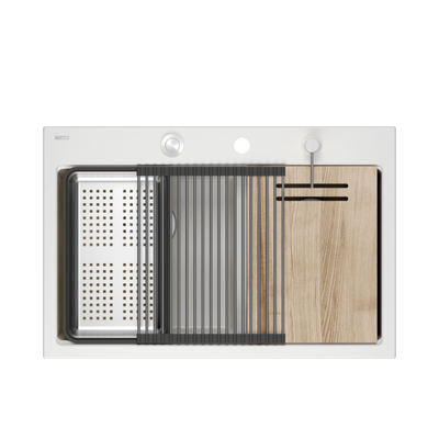 Zlewozmywak granitowy MARC 120 WORKSTATION – dwukomorowy, wpuszczany, snow white/elementy stalowe + AKCESORIA, Quadron