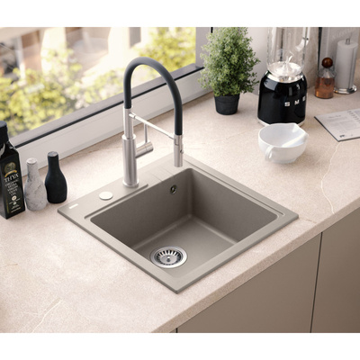 Zlewozmywak granitowy PETER 110 – jednokomorowy, wpuszczany, soft taupe/elementy stalowe, Quadron