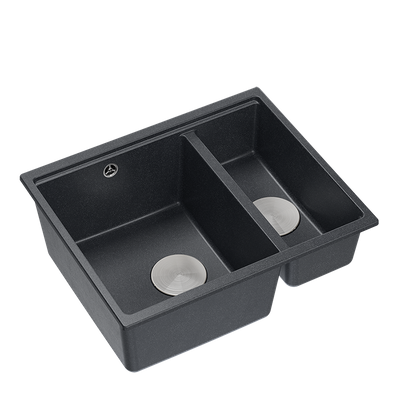 QUADRON | LOGAN 150 | granitowy zlewozmywak kuchenny CZARNY + STAL | wymiary: 56 x 46 x 22 cm | 1,5-komorowy wpuszczany | podbudowa szafki od: 60 cm