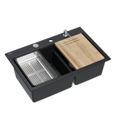 Zlewozmywak granitowy MARC 120 WORKSTATION – dwukomorowy, wpuszczany, pure carbon/elementy stalowe + AKCESORIA, Quadron