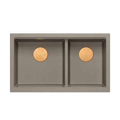 Zlewozmywak granitowy LOGAN 120 – dwukomorowy, podwieszany, soft taupe/elementy miedziane, Quadron