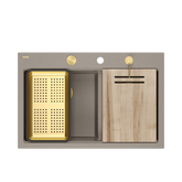 Zlewozmywak granitowy MARC 120 WORKSTATION – dwukomorowy, wpuszczany, soft taupe/elementy złote + AKCESORIA, Quadron