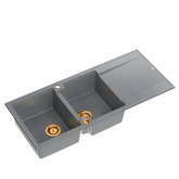EVAN 121 GraniteQ zlewozmywak z syfonem Push To Open 2-komorowy z/o (1160x500x210; kom. 420x340) silver stone / elementy miedziane