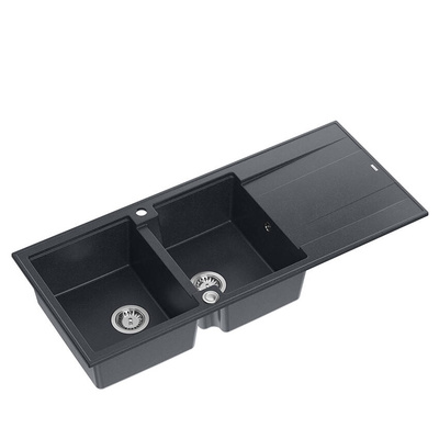 EVAN 121 GraniteQ zlewozmywak z syfonem Push To Open 2-komorowy z/o (1160x500x210; kom. 420x340) black diamond / elementy stalowe
