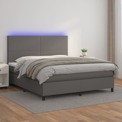 Łóżko kontynentalne z materacem i LED, szara ekoskóra 160x200cm vidaXL