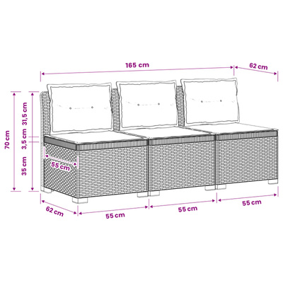 Sofa ogrodowa 3-osobowa z poduszkami w rattanowym wyglądzie