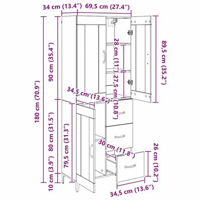 Highboard Stare drewno 69,5 x 34 x 180 cm Drewno inżynieryjne
