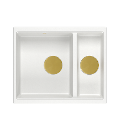 QUADRON | LOGAN 150 | granitowy zlewozmywak kuchenny BIAŁY + ZŁOTO PVD | wymiary: 56 x 46 x 22 cm | 1,5-komorowy wpuszczany | podbudowa szafki od: 60 cm