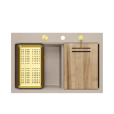 Zlewozmywak granitowy MARC 120 WORKSTATION – dwukomorowy, wpuszczany, pearl beige/elementy złote + AKCESORIA, Quadron