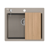 Quadron | KURT 110 | kuchenny zlewozmywak granitowy SOFT TAUPE | wymiary: 59,5 x 50 x 21,5 cm | akcesoria: syfon, dozownik, deska, Qmata, wkładka ociekowa | 1-komorowy wpuszczany | podbudowa szafki: od 60 cm
