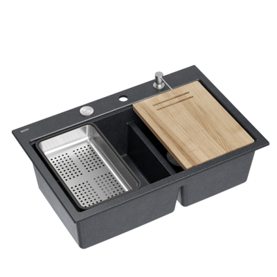 Zlewozmywak granitowy MARC 120 WORKSTATION – dwukomorowy, wpuszczany, black diamond/elementy stalowe + AKCESORIA, Quadron