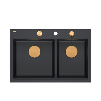 Zlewozmywak granitowy MARC 120 WORKSTATION – dwukomorowy, wpuszczany, pure carbon/elementy miedziane + AKCESORIA, Quadron