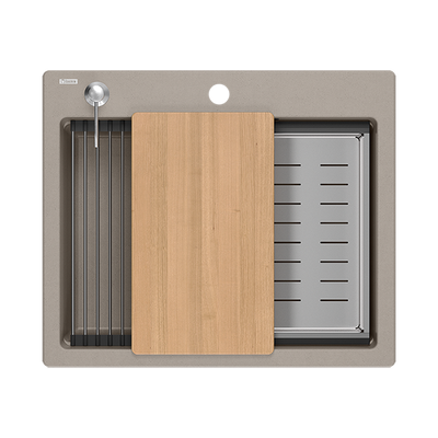 Quadron | KURT 110 | kuchenny zlewozmywak granitowy SOFT TAUPE | wymiary: 59,5 x 50 x 21,5 cm | akcesoria: syfon, dozownik, deska, Qmata, wkładka ociekowa | 1-komorowy wpuszczany | podbudowa szafki: od 60 cm