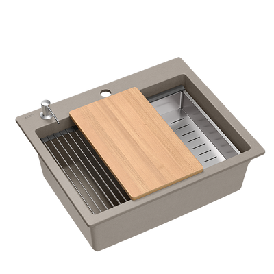 Quadron | KURT 110 | kuchenny zlewozmywak granitowy SOFT TAUPE | wymiary: 59,5 x 50 x 21,5 cm | akcesoria: syfon, dozownik, deska, Qmata, wkładka ociekowa | 1-komorowy wpuszczany | podbudowa szafki: od 60 cm