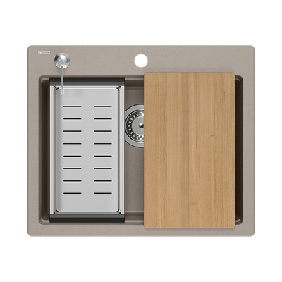 Quadron | KURT 110 | kuchenny zlewozmywak granitowy SOFT TAUPE | wymiary: 59,5 x 50 x 21,5 cm | akcesoria: syfon, dozownik, deska, Qmata, wkładka ociekowa | 1-komorowy wpuszczany | podbudowa szafki: od 60 cm