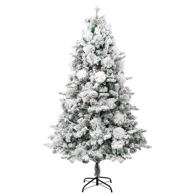 vidaXL Choinka flokowana śniegiem z lampkami i szyszkami 225 cm PVC/PE