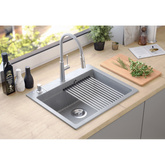 Zlewozmywak granitowy KURT 110 WORKSTATION – jednokomorowy, wpuszczany, snow white/elementy stalowe + AKCESORIA, Quadron