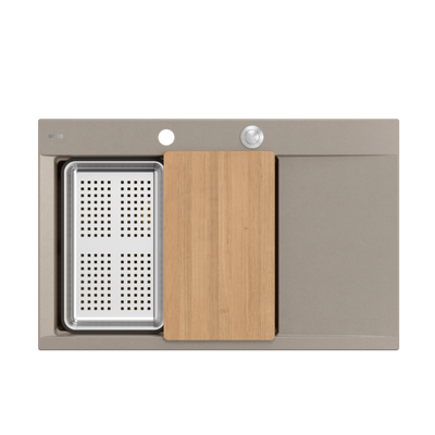JOSH 111 GraniteQ zlewozmywak 1-komorowy z/o (780x500x215) soft taupe  + syfon push 2 open + deska + wkładka/ elementy stalowe