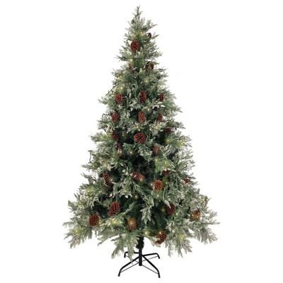 vidaXL Choinka z lampkami i szyszkami, zielono-biała, 195 cm, PVC/PE