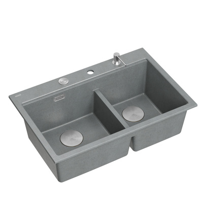 Zlewozmywak granitowy MARC 120 WORKSTATION – dwukomorowy, wpuszczany, silver stone/elementy stalowe + AKCESORIA, Quadron