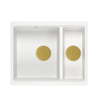 QUADRON | LOGAN 150 | granitowy zlewozmywak kuchenny BIAŁY + ZŁOTO PVD | wymiary: 56 x 46 x 22 cm | 1,5-komorowy wpuszczany | podbudowa szafki od: 60 cm