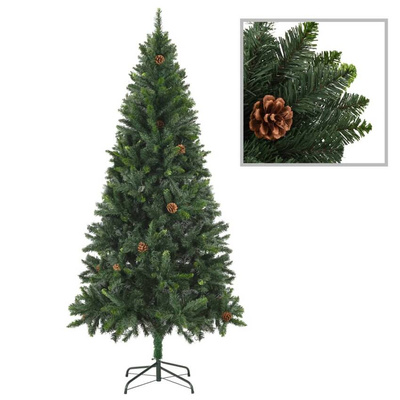 vidaXL Sztuczna choinka z lampkami i szyszkami, zielona, 210 cm
