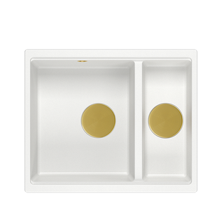 QUADRON | LOGAN 150 | granitowy zlewozmywak kuchenny BIAŁY + ZŁOTO PVD | wymiary: 56 x 46 x 22 cm | 1,5-komorowy podwieszany | podbudowa szafki od: 60 cm