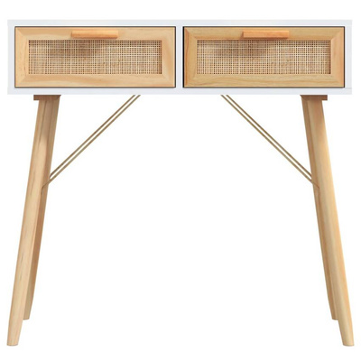 vidaXL Stolik konsolowy, biały, 80x30x75 cm, lita sosna i rattan