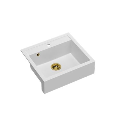 Quadron | BILL 110 | kuchenny zlewozmywak granitowy BIAŁY + ZŁOTO PVD | wymiary: 60 x 54 x 20,5 cm | 1-komorowy wpuszczany/podwieszany | podbudowa szafki: od 60 cm