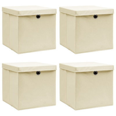 Pudła z pokrywami, 4 szt., kremowe, 32x32x32 cm, tkanina
