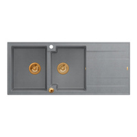 EVAN 121 GraniteQ zlewozmywak z syfonem Push To Open 2-komorowy z/o (1160x500x210; kom. 420x340) silver stone / elementy miedziane