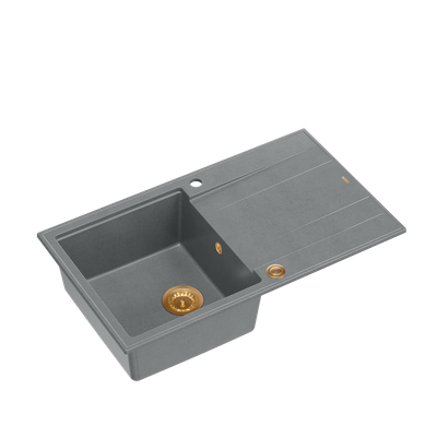 EVAN 111 GraniteQ zlewozmywak z syfonem Push 2 Open 1-komorowy z/o (860x500x210) silver stone / elementy miedziane