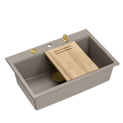 Zlewozmywak granitowy MARC 1-komorowy 76x50 cm szarobeżowy/soft taupe + Nano ZŁOTO PVD