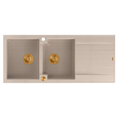 Zlewozmywak granitowy EVAN 121 – dwukomorowy, wpuszczany, pearl beige/elementy miedziane, Quadron