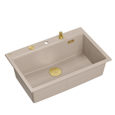 Zlewozmywak granitowy MARC 110 WORKSTATION – jednokomorowy, wpuszczany, pearl beige/elementy złote + AKCESORIA, Quadron