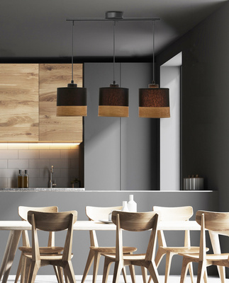 Lampa wisząca z abażurami Porto czarna potrójna do jadalni abażur czarny z fornirem