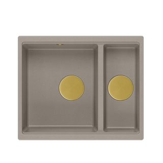 QUADRON | LOGAN 150 | granitowy zlewozmywak kuchenny BEŻ + ZŁOTO PVD | wymiary: 56 x 46 x 22 cm | 1,5-komorowy podwieszany | podbudowa szafki od: 60 cm