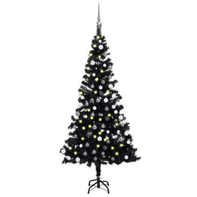 vidaXL Sztuczna choinka z lampkami i bombkami, czarna, 180 cm, PVC model standard