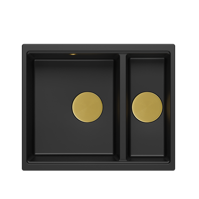 QUADRON | LOGAN 150 | granitowy zlewozmywak kuchenny CZARNY mat + ZŁOTO PVD | wymiary: 56 x 46 x 22 cm | 1,5-komorowy wpuszczany | podbudowa szafki od: 60 cm