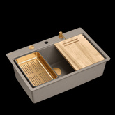 QUADRON | MARC 110 FM PRODUKT NA ZAMÓWIENIE | granitowy zlewozmywak kuchenny SZAROBEŻOWY + MIEDŹ PVD | wymiary: 75 x 49 x 24 cm | akcesoria: syfon, dozownik, deska | 1-komorowy na równi w blatem | podbudowa szafki od: 80 cm