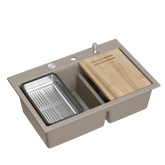 Zlewozmywak granitowy MARC 120 WORKSTATION – dwukomorowy, wpuszczany, soft taupe/elementy stalowe + AKCESORIA, Quadron