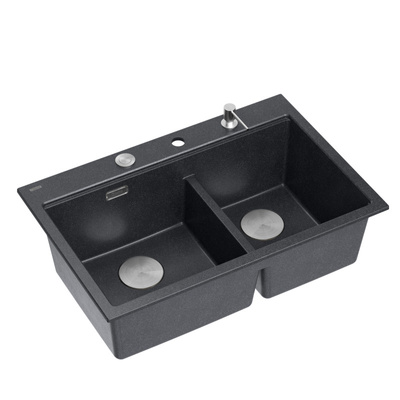 Zlewozmywak granitowy MARC 120 WORKSTATION – dwukomorowy, wpuszczany, black diamond/elementy stalowe + AKCESORIA, Quadron