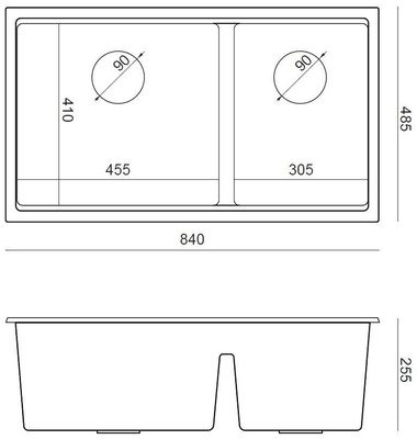 CLARK 842 Hard Rock GraniteQ zlewozmywak 2-komorowy podwieszany 840x485x255 mm concrete + odpływ złoty, syfon save space + zaczepy