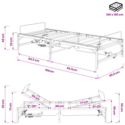 Elektro Regulowany Stelaż Łóżka Czarny 100 x 190 cm Stal