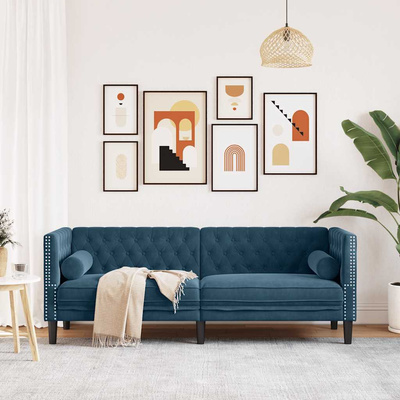 Sofa Chesterfield z wałkami, trzyosobowa, niebieska, aksamit
