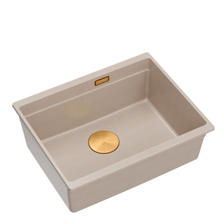 Zlewozmywak granitowy LOGAN 100 – jednokomorowy, podwieszany, pearl beige/elementy miedziane, Quadron